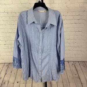 Soft Surroundings Blue Embroidered Lace Button Down Shirt Size 3X